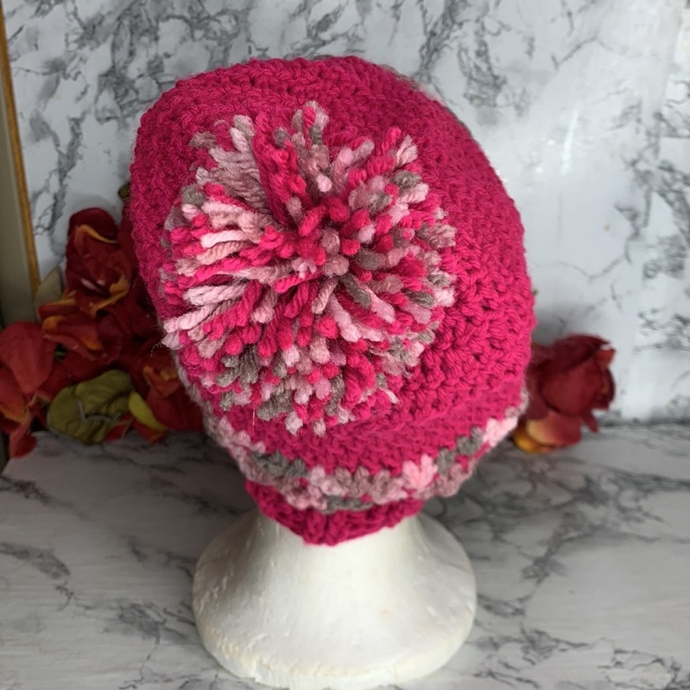 Handmade Bright Fuchsia Pink Chunky Knit Floral Beanie with Pom Pom - Picture 6 of 7